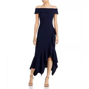 Aqua Scuba Crepe off the Shoulder Gown